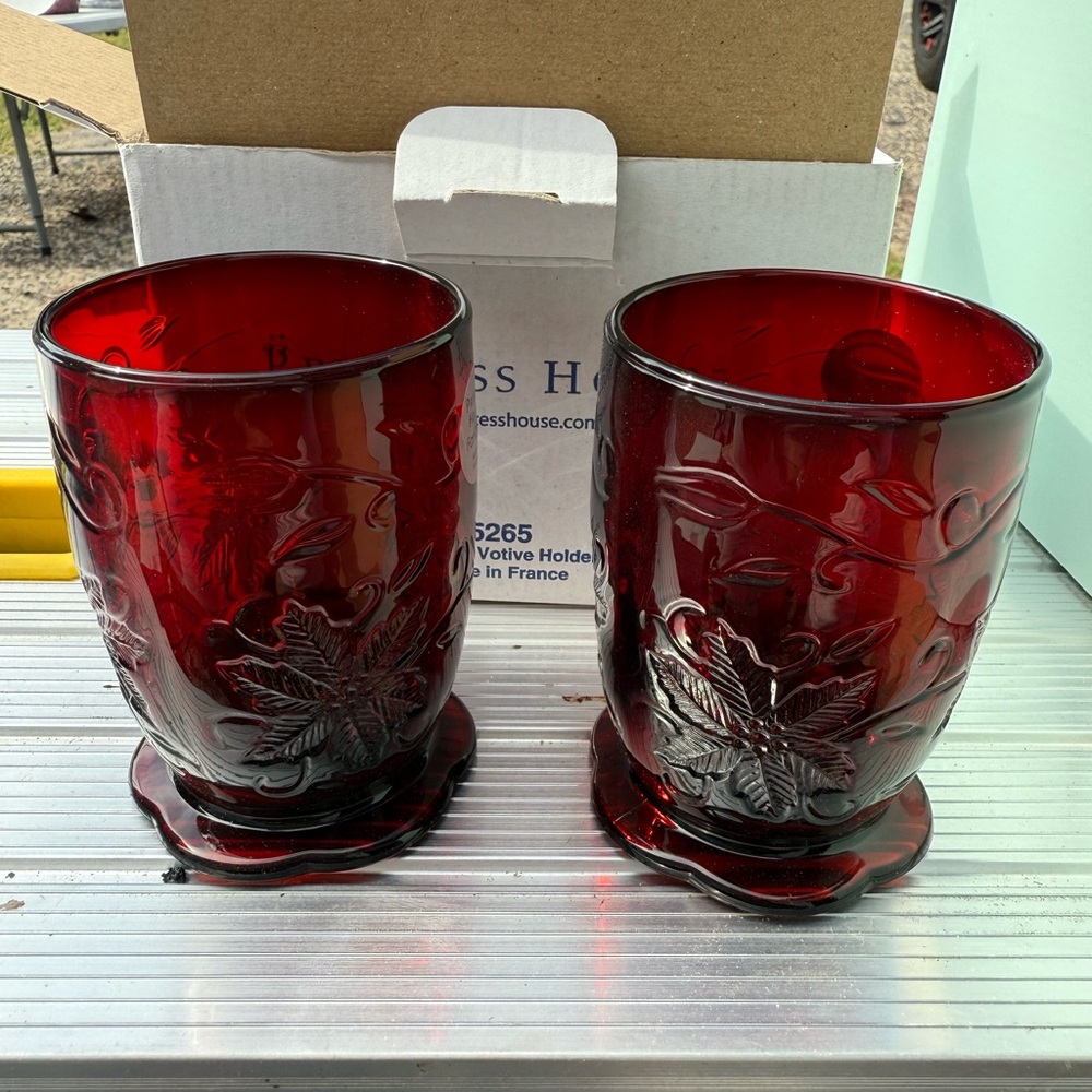 Crimson Glass Leaf Votive Candle Holders